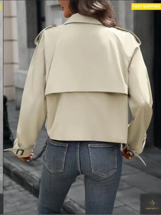 Cropped Trench Coat Oversized Double Breasted Classic Chic Fall Jacket new - Picture 6 of 10